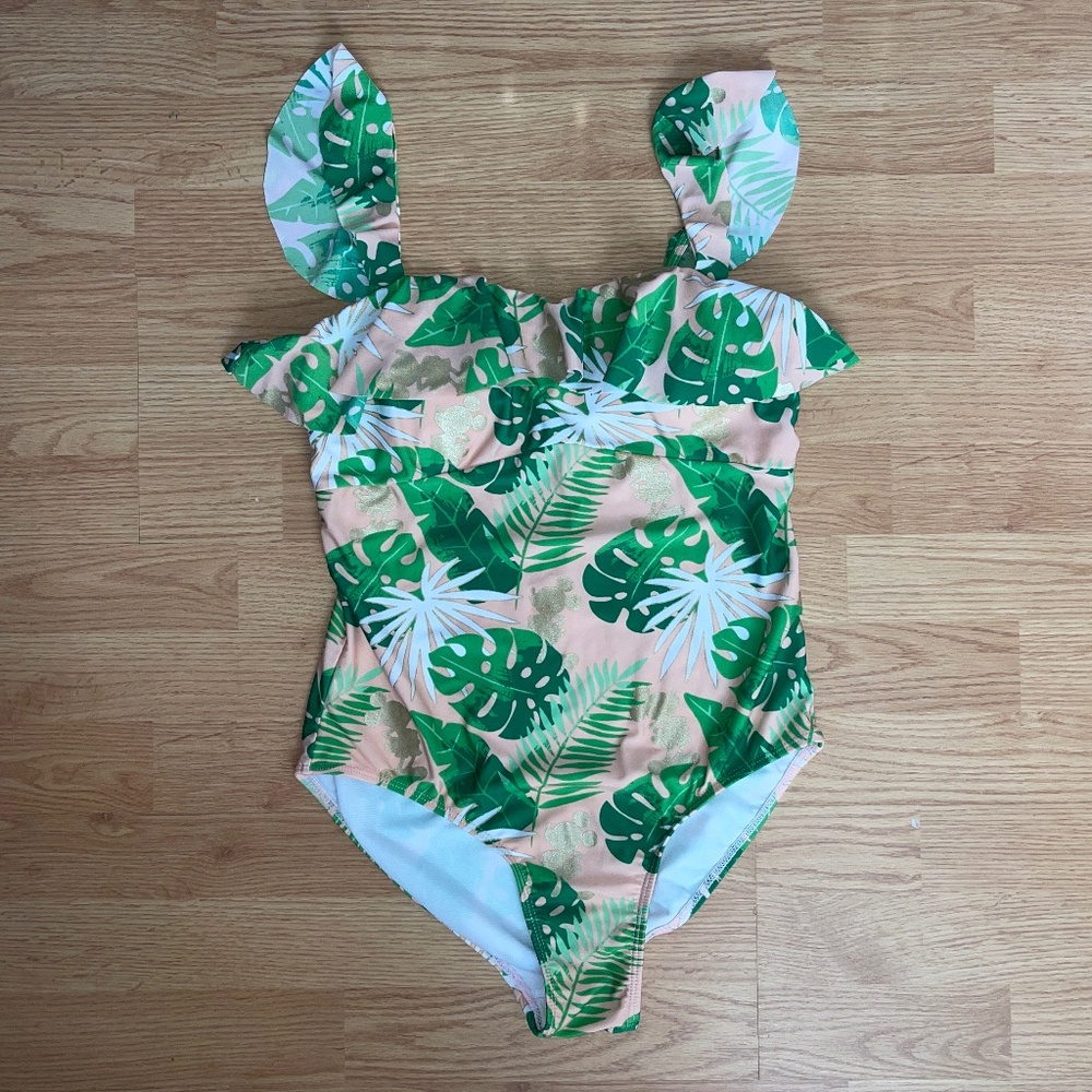 Disney Women’s One Piece Pink & Green Palm w/ Gold Mickey Swimsuit Size Large - Picture 4 of 10